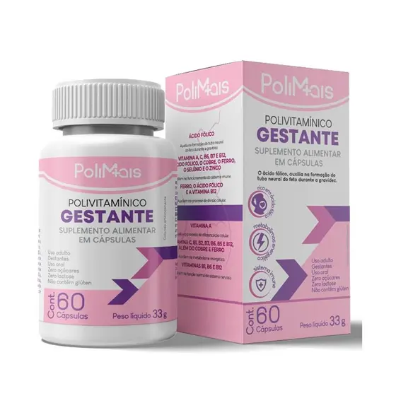 Novo Polimais Gestante Vitaminas e Minerais Rico em Acido Fólico 60 Caps