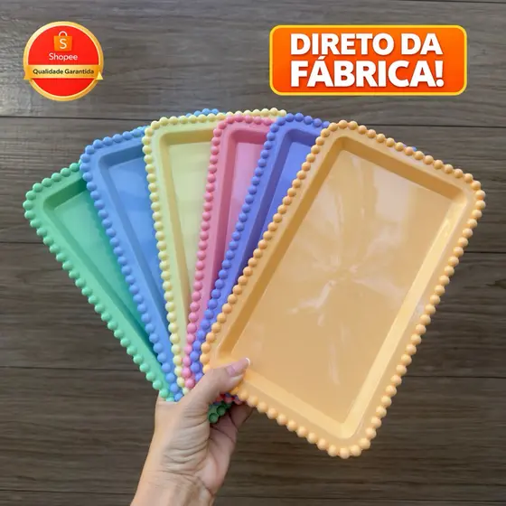 KIT • 10 Bandejas Retangular Plástica com Bordas de Bolinhas | Ideal para Festas e Eventos
