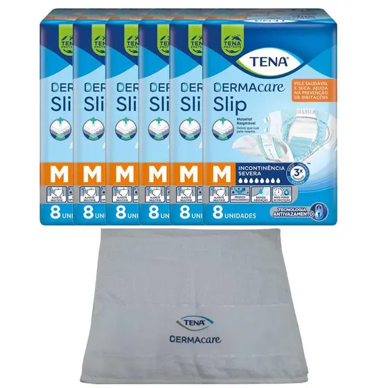 Kit 6 Fraldas Geriátricas Tena Dermacare Slip Ultra M com 8un + Toalha Dermcare Tena
