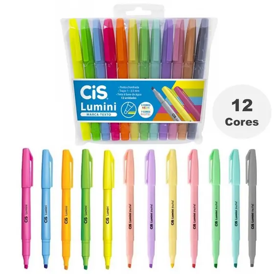 Caneta Marca Texto Cis Lumini Neon/Pastel C/12 Cores Traços Até 3,5mm