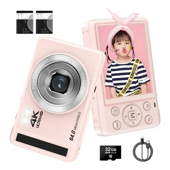 Câmera digital Máquina Fotográfica 4K 64MP Camera Para Vlog, Acrensly Zoom 16X Rosa 64MP Vídeo 32GB 2 Baterias