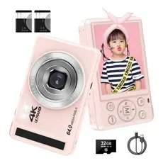 Câmera digital Máquina Fotográfica 4K 64MP Camera Para Vlog, Acrensly Zoom 16X Rosa 64MP Vídeo 32GB 2 Baterias