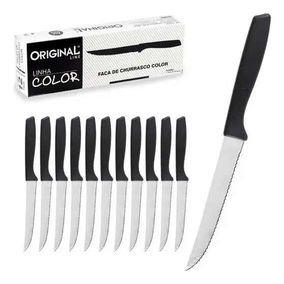 Facas Churrasco Line 12 Peças Aço Inox Cabo Preto