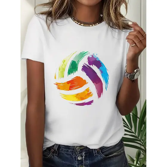 Camiseta Feminina Estampada Aquarela Bola De Volei 100% Algodao Moda Estilo