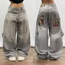 Streetwear Baggy Jeans Y2K Hip Hop Retro Bolso Calças Pretas Dos Homens Punk Rock Cintura Alta Largas Perna