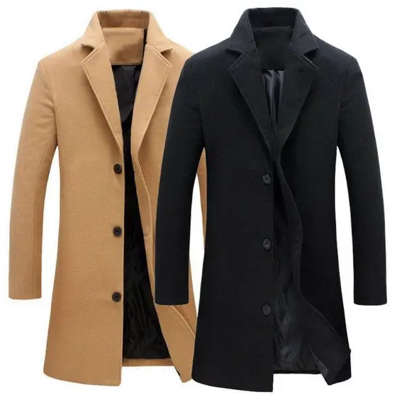 Casaco Longo De Lapela De Lã Masculino Da Moda De Primavera De Outono De Cor Sólida