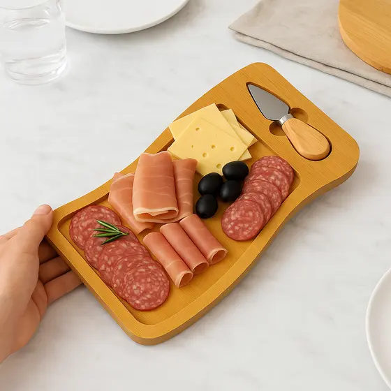 Tábua de Frios Bambu com Faca Inox Queijo Petiscos Degustação Entrada Petisqueira Elegante 2 peças
