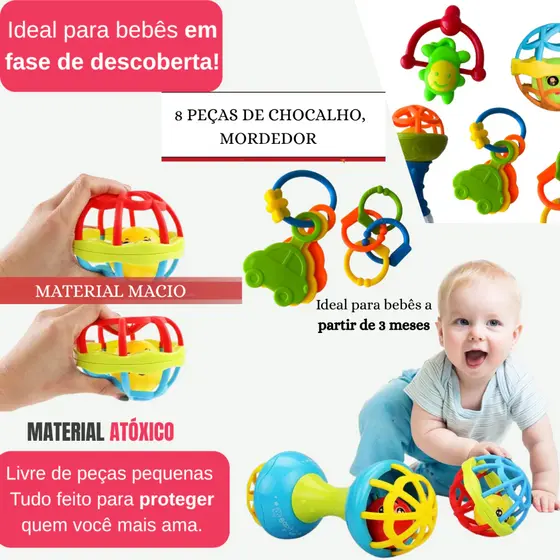 Kit 8 Peças Chocalho Divertido Bolinha Mordedor Brinquedo de Bebe Silicone 8 pçs