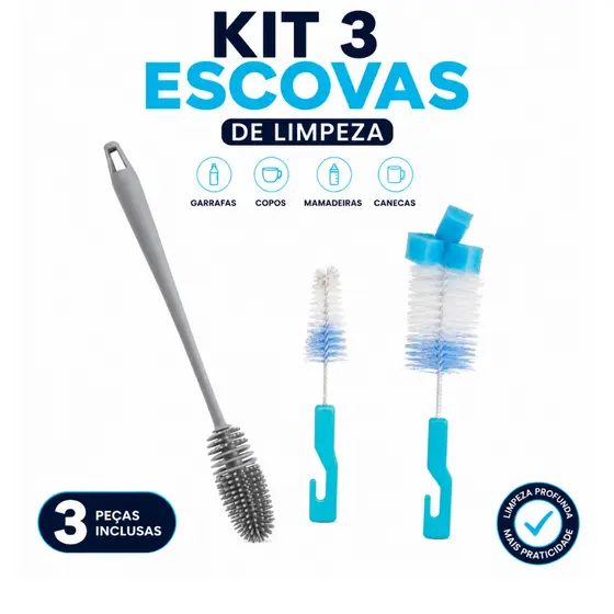Kit 3 Escovas Para Lavar Garrafa Louça Caneca Mamadeira Copo