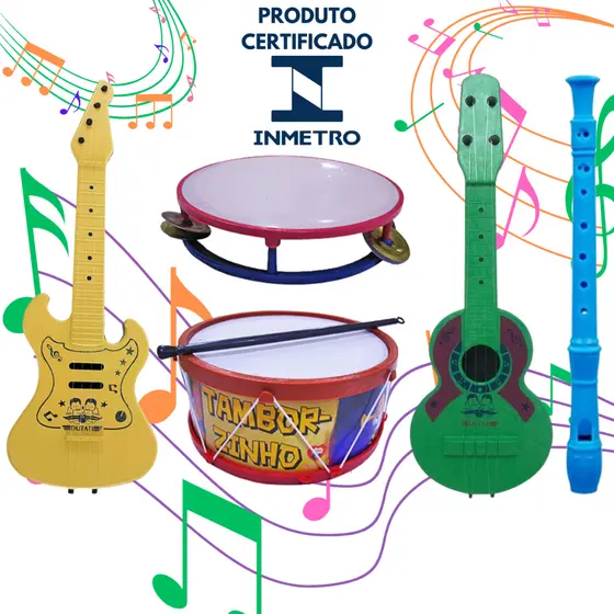Kit Musical Brinquedos Educativo C/5 Instrumentos Tambor Violão Pandeiro Flauta Infantil
