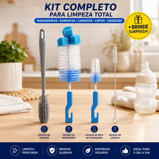 Kit 4 Escovas 02 Mamadeiras + 01 Silicone + 01 Canudo
