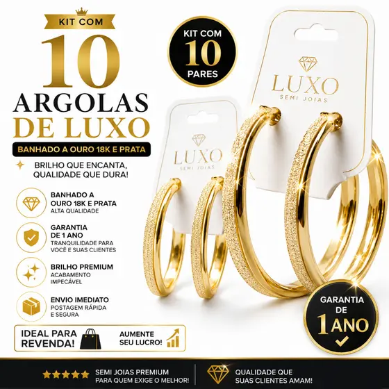 ✨ Kit de 10 Brincos de Argolas de Luxo Banhado a Ouro e Prata com Garantia de 1 Ano 💎