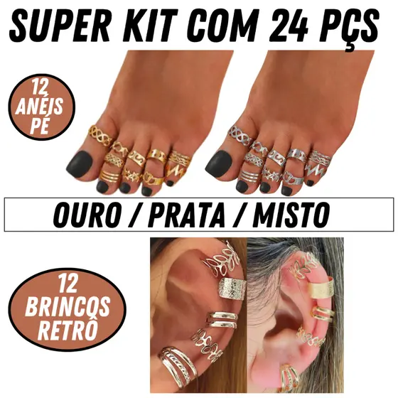 Kit Completo de Acessórios: 12 Anéis de Pé + 12 Brincos de Retro Estilo e Qualidade com 1 Ano de Garantia! 💍👣