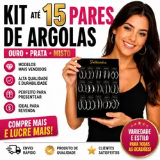KIT DE ARGOLAS SORTIDAS 5, 10 OU 15 PARES | FOLHEADAS DOURADAS E PRATA | LUCRE REVENDENDO