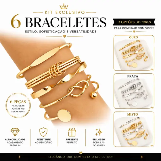 Kit com 3 ou 6 Pulseiras Braceletes Femininos Banhados a Prata 925 e Ouro 18k