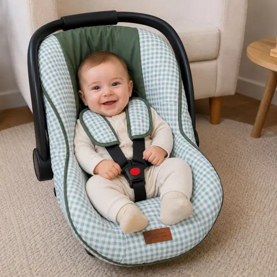 Capa De Bebê Conforto C/ Protetor De Cinto Xadrez 100% Algodão - 03 Peças