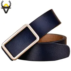 Cinto feminino de couro legítimo, cinto fashion de couro bovino com fivela, segunda camada de qualidade, azul