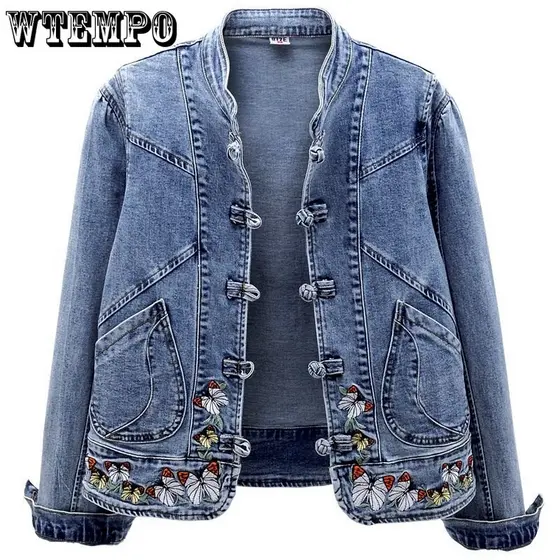 Jaqueta jeans curta vintage chinoiserie bordado stretch jaqueta feminina primavera e outono combina com tudo moda Harajuku slim Tops