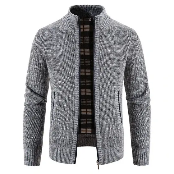 Cardigan cor sólida velo Zipper Cardigan masculino malha jaqueta camisola inverno velo quente saia