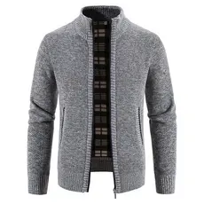 Cardigan cor sólida velo Zipper Cardigan masculino malha jaqueta camisola inverno velo quente saia