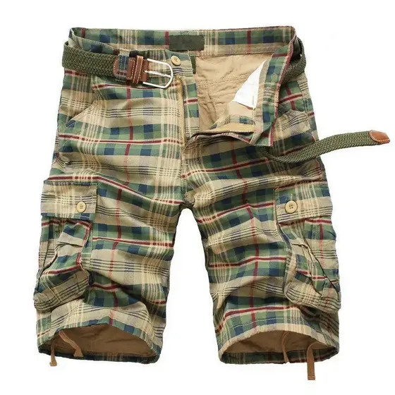 Shorts de praia xadrez casual masculino, calças curtas com camuflagem militar, macacão cargueiro masculino, shorts, moda camuflada, 2023