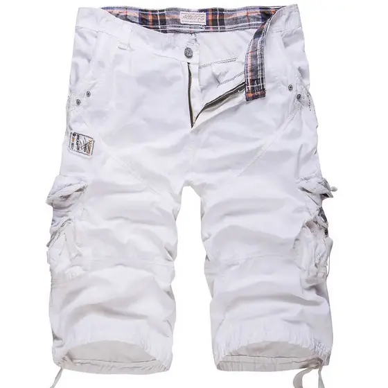Shorts de algodão solto masculino, tamanho do joelho, bolso múltiplo, sólido casual, militar, branco, tático, tamanho grande, novo verão