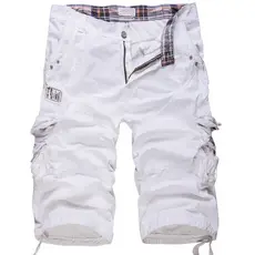 Shorts de algodão solto masculino, tamanho do joelho, bolso múltiplo, sólido casual, militar, branco, tático, tamanho grande, novo verão