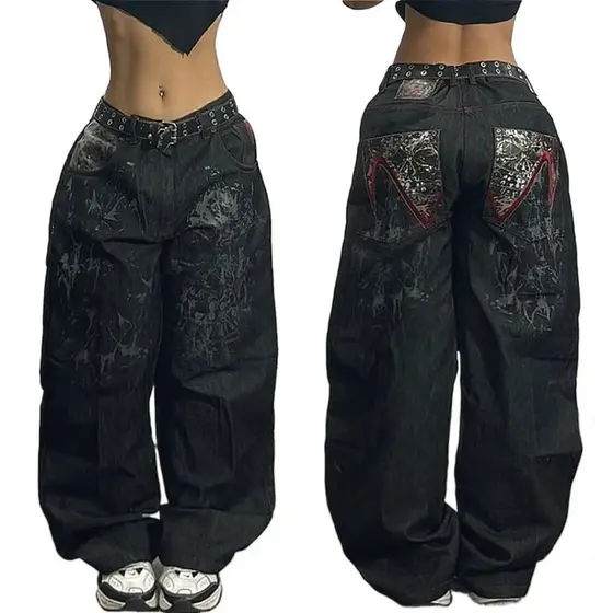 Americano Hip-hop Retro Jeans Soltos das Mulheres Y2K Nova Maré Harajuku Cintura Alta Calças Perna Larga Gótico Calças C