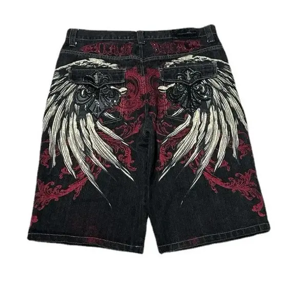 Y2K Shorts Baggy Mens Nova Asa Bordada Denim Shorts Harajuku Hip Hop Gótico Do Punk Gótico Calças Perna Larga Street Wear