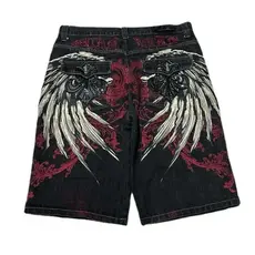 Y2K Shorts Baggy Mens Nova Asa Bordada Denim Shorts Harajuku Hip Hop Gótico Do Punk Gótico Calças Perna Larga Street Wear