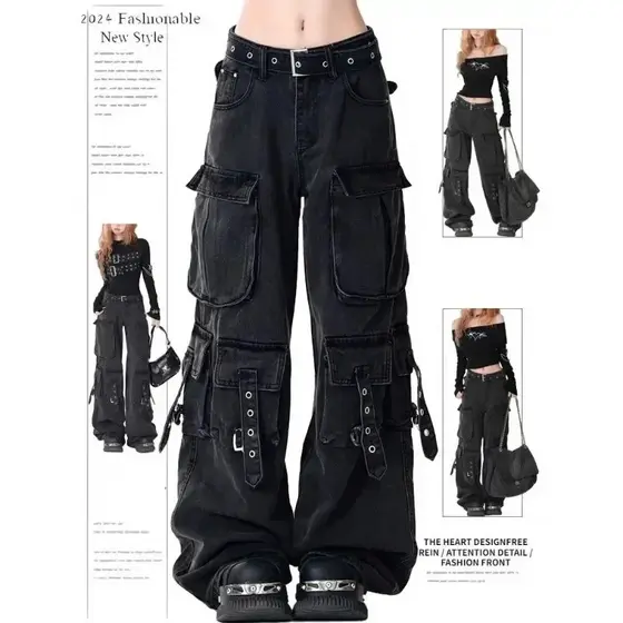PB & ZACargo Perna Reta Jeans Mulheres Y2k Harajuku Baggy Retro Para Cinto Velho Coreano Cintura Alta Calças Jeans Hip H