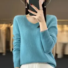 100% suéter de lã pura de cashmere, pulôver feminino com decote em V, blusa casual de malha, casaco feminino de outono e