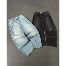 Y2K New PROTECT Jeans Carta Bordado Lavado Azul Jeans Baggy Homens e Mulheres Retro Harajuku Hip-Hop Cintura Alta Calças Perna Larga