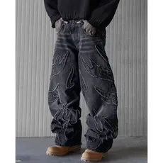 Calças Jeans Baggy para Homens Y2k Hip Hop Afligido Calças Pretas Retro Bordados Oversized Harajuku Gótico Perna Larga Calças Streetwear