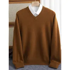 Suéter Masculino 100% Lã Merino Gola V Pulôver Outono Inverno Cashmere Quente Roupas de Malha Sólida Negócios Base Macio