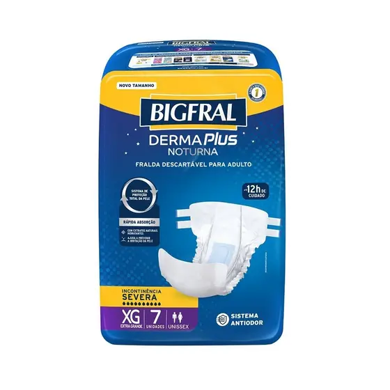 Fralda Descartável Adulto Bigfral Derma Plus Noturna Tamanho XG  - 8 Pacote com 7 Fraldas - Total 56 Tiras