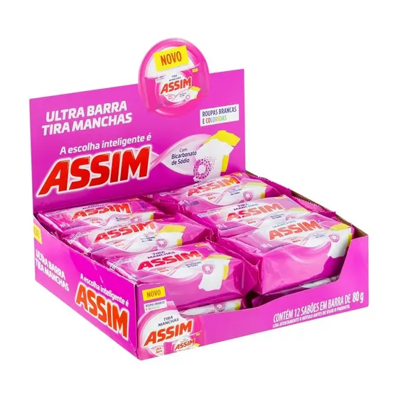Tira Manchas Assim Roupas Brancas e Coloridas Barra 80g - Embalagem com 12 Unidades