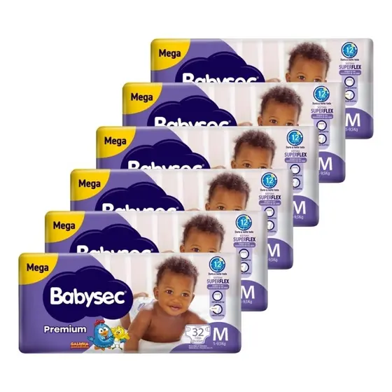 Fralda Descartável Babysec Premium Mega Tamanho M - 6 Pacotes com 32 Fraldas - Total 192 Tiras