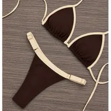 Biquíni Fio Dental Cortininha Bicolor Feminino Marquinha Fita Moda Praia Verão