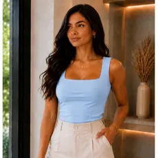 Regata Feminina Decote Gola Quadrada Blogueira Lisa Alça Larga Blusinha Casual Verão