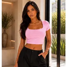 Cropped Decote Quadrado Tendência Manga Curta Básico Justo Casual Verão 2026