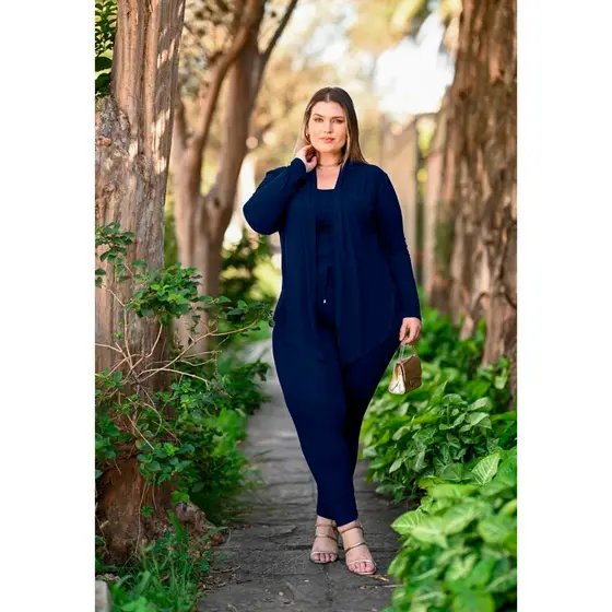 Conjunto Feminino Plus Size Calça Jogger  Regata Cardigan de Ponta Assimétrico 3 peças