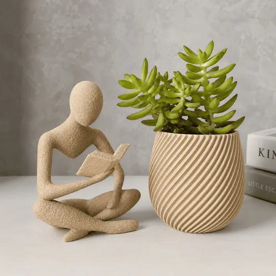 Estátua Decorativa Leitor Livro + Vaso Para Planta Suculenta | Decoração Moderna