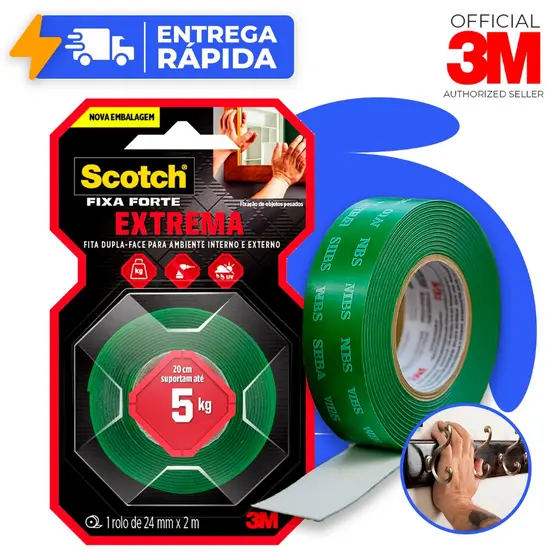 Fita Dupla Face 3M Original Extrema Fixa Forte 24mm X 2m Para Parede Fixa Quadro Espelho 5kg Scoth