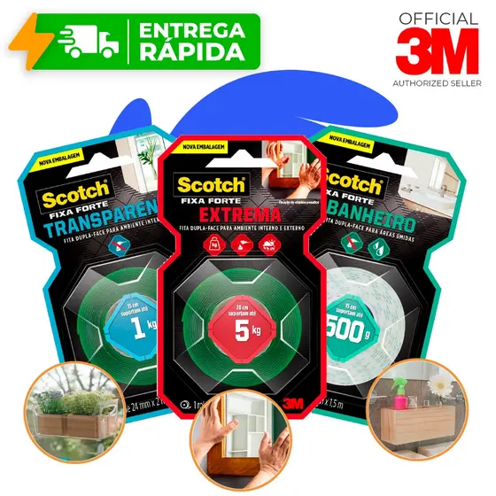 Dupla Face 3M Original Essenciais Extra Forte, Transparente e Banheiro Fixa Quadro Espelho Nicho