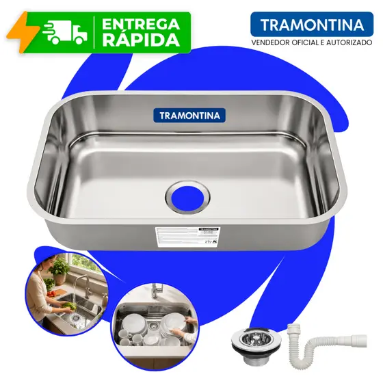 Cuba Pia Tramontina Aço Inox 56x34cm Alto Brilho Válvula e Sifão Cozinha Embutir