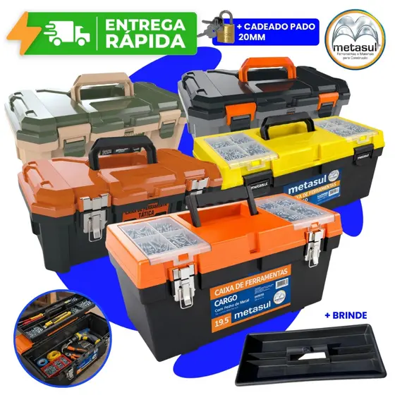 Caixa de Ferramentas Metasul Tática 18,3 e Cargo 19,5 Pol com Bandeja Fecho Metal e Cadeado Pado