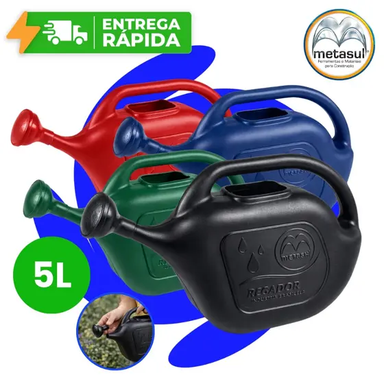Regador Plástico 5 Litros com Bico Chuveiro Removível Metasul Alça Jardim Plantas Jardinagem Quintal