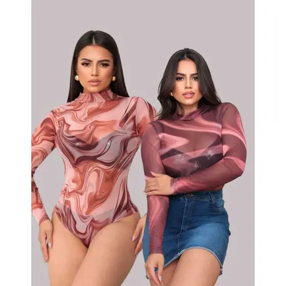 Kit Body Tule Feminino Animal Print Transparente Manga Longa, Body Tule Liso Feminino, Body Feminino Liso