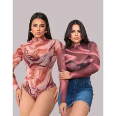 Kit Body Tule Feminino Animal Print Transparente Manga Longa, Body Tule Liso Feminino, Body Feminino Liso